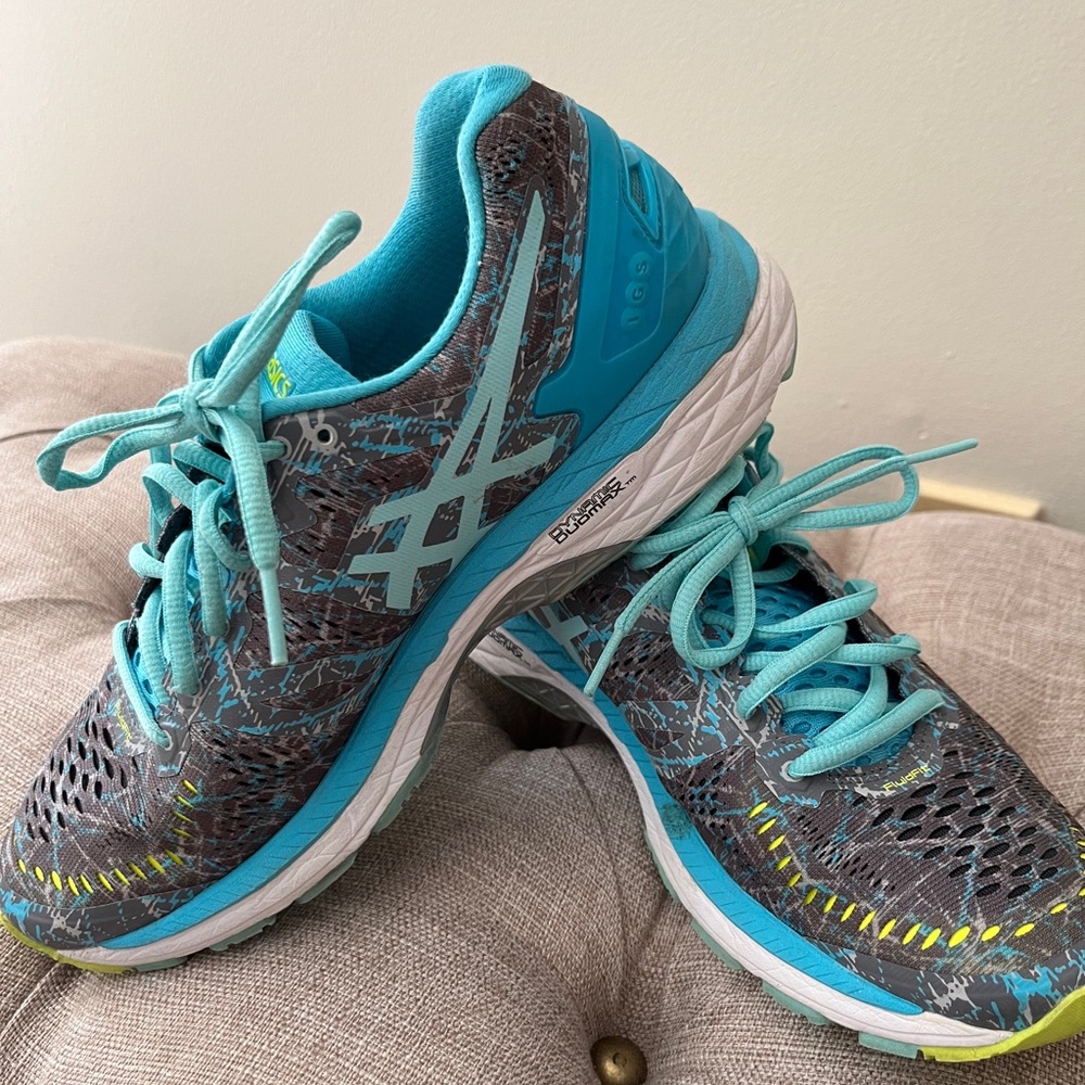 Blue/gray/green ASICS sneakers